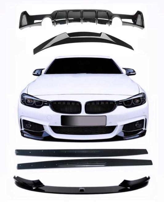 BMW F32 Kit 4 Series Coupe Gloss Black M4 Spoiler Diffuser Splitter Side Extensions Dual - Auto Kits